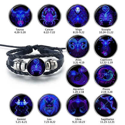 12 Constellation Zodiac Sign Black Braided Leather Bracelet Cancer Leo Virgo Libra Woven Glass Dome Jewelry Punk Men Bracelet