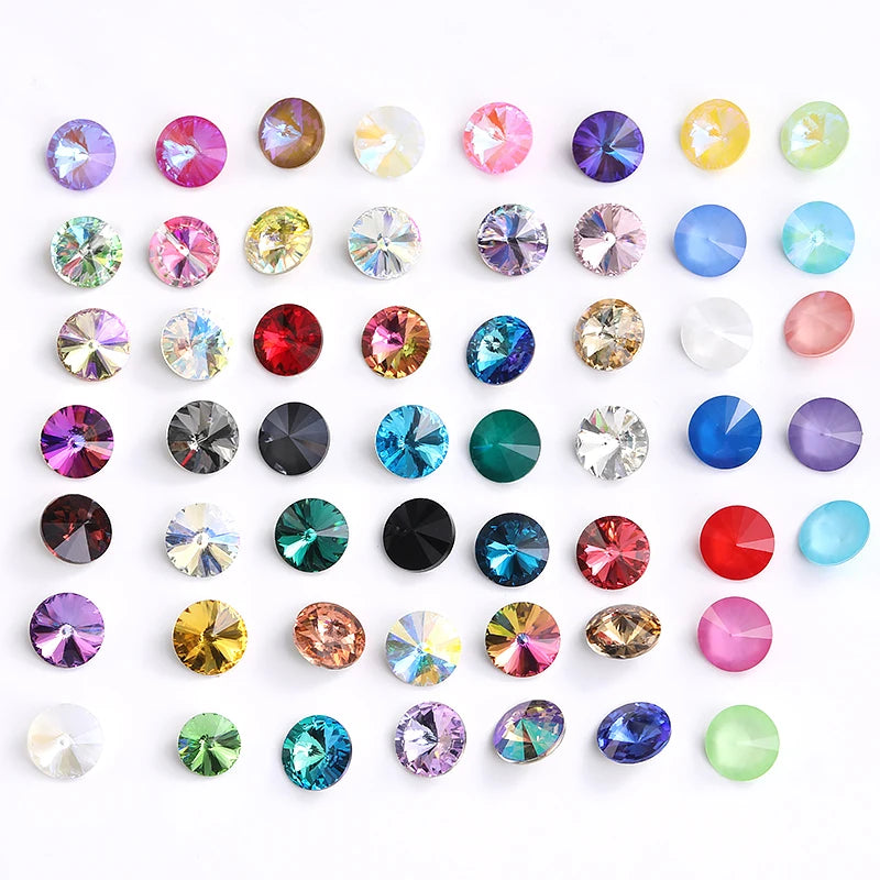 6/8/10/12/14MM Rivoli Rhinestone Round Pointed Diamond Stones Colorful Beads Crafts Crystal Nail Clothes Jewelry Accessories
