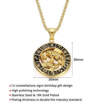 Zodiac Sign Leo Scorpio Pendant Necklace for Women/Men Gold Color Stainless Steel Round 12 Constellation Necklaces Dropshipping