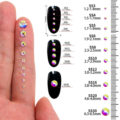SS3-SS20 Mix Size Glitter Glass Round Rhinestones Silver Bottom Non Hotfix Small Size Crystal For Nail Art Clothes Decoration