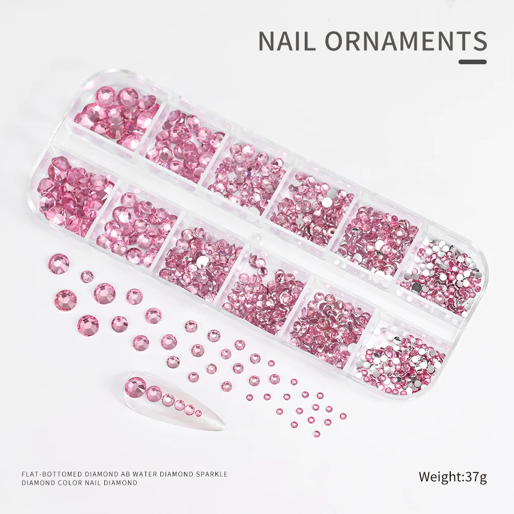 12Gird 3D Glass AB Crystal Nail Art Rhinestones Kit Flatback Round Bead Charm Gem Stones Jewelry Diamond with Tools for Nail Art