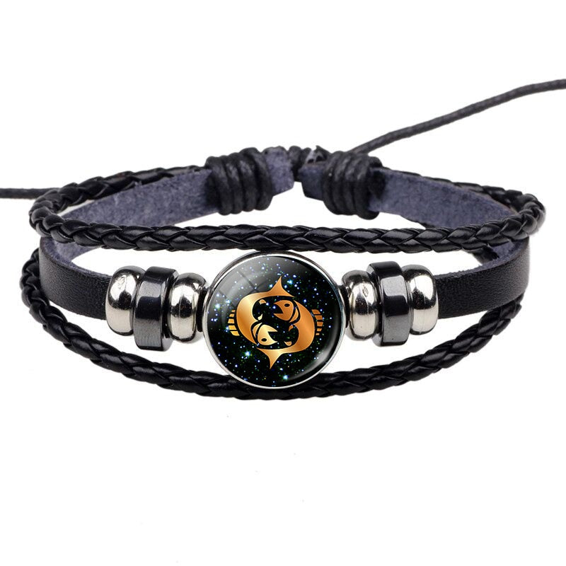 12 Constellation Leather Bracelet Zodiac Sign Handmade Glass Cabochon Black Punk Mens Jewelry Horoscope Astrology Birthday Gift