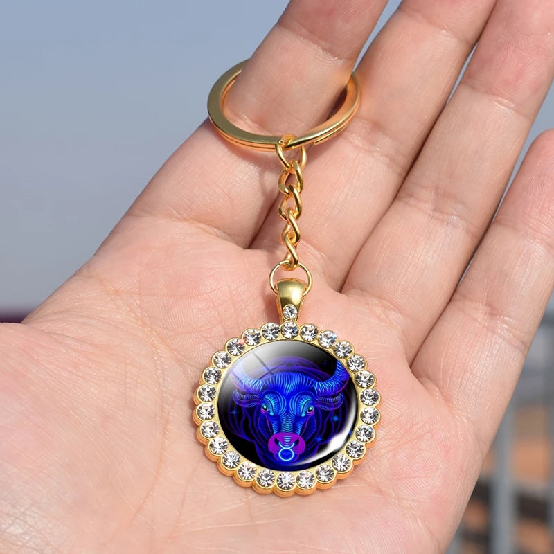 12 Constellation Keychain Fashion Double Side Cabochon Glass Ball Keychain Zodiac Signs Jewelry For Men For Women Birthday Gift