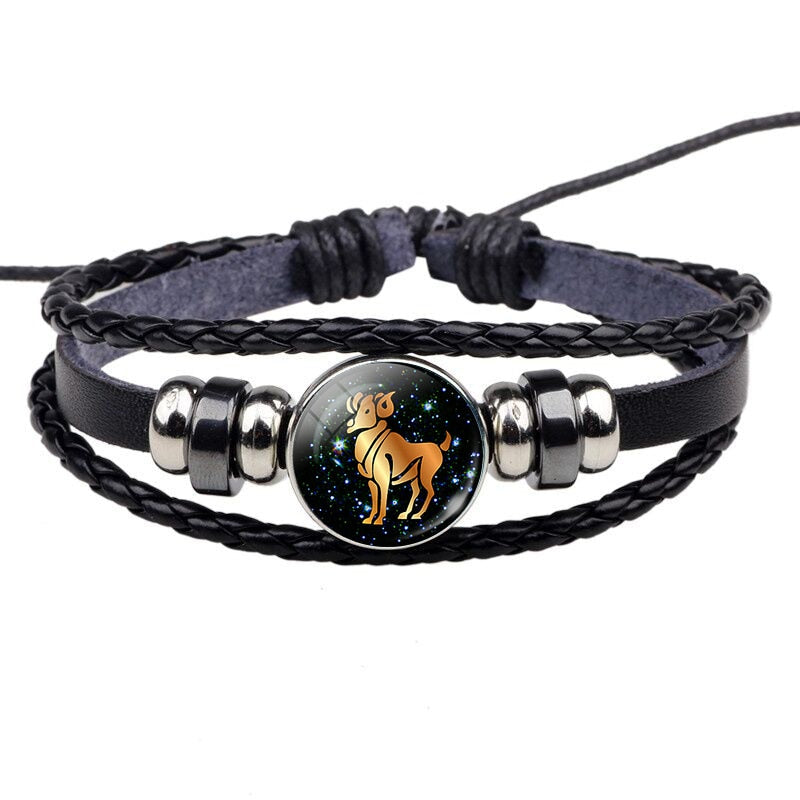 12 Constellation Leather Bracelet Zodiac Sign Handmade Glass Cabochon Black Punk Mens Jewelry Horoscope Astrology Birthday Gift