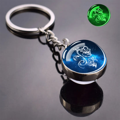 Glowing 12 Zodiac Keychain Sagittarius Scorpio Libra Aquarius Pisces Zodiac Glass Ball Luminous Keyring for Birthday Gift