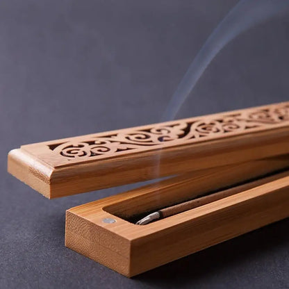 Natural Bamboo Incense Burner With Laying Plate Aromatherapy Wooden Box For Incense Storage Burning Hollowed Line Incense Box