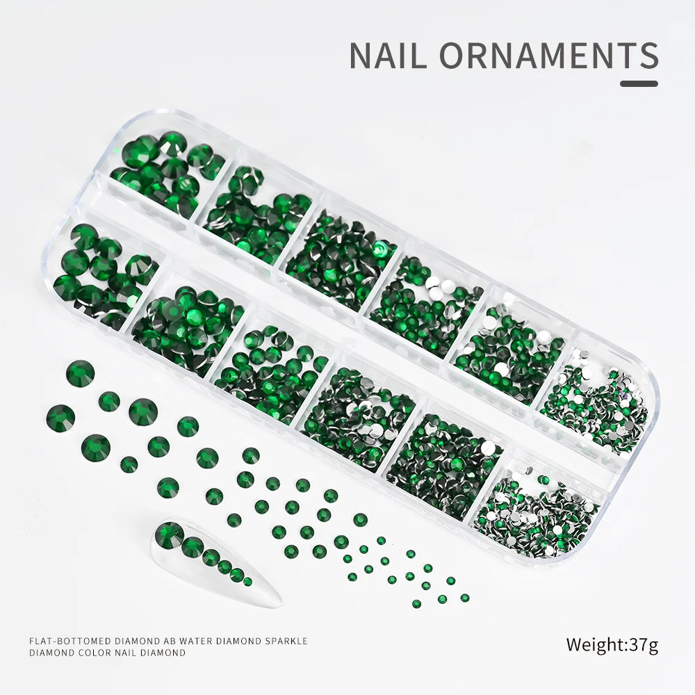 12Gird 3D Glass AB Crystal Nail Art Rhinestones Kit Flatback Round Bead Charm Gem Stones Jewelry Diamond with Tools for Nail Art
