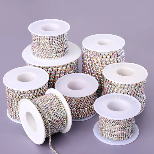 1Yard 10Yards/roll SS6-SS16 Crystal AB Claw Rhinestone Glass Sewn On Rhinestones Chain for Needlework Fabric Sewing Trimmings