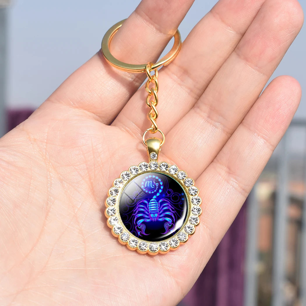 12 Constellation Keychain Fashion Double Side Cabochon Glass Ball Keychain Zodiac Signs Jewelry For Men For Women Birthday Gift