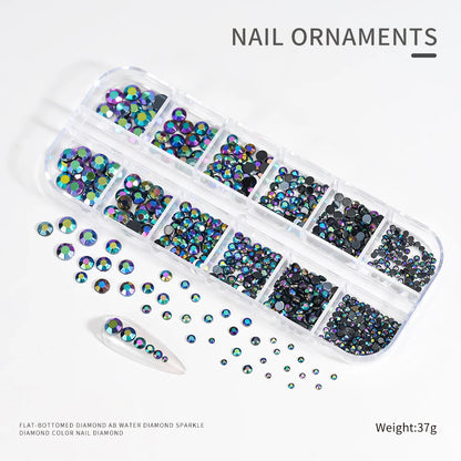 12Gird 3D Glass AB Crystal Nail Art Rhinestones Kit Flatback Round Bead Charm Gem Stones Jewelry Diamond with Tools for Nail Art