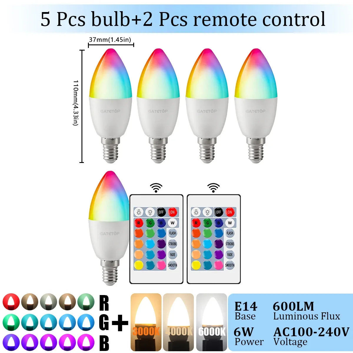1-10PCS E14 Candle LED Bulb RGB 24 Key Remote Control Dimmable 6W AC220V 110V Colorful Change for Bedroom Living Room Lamp