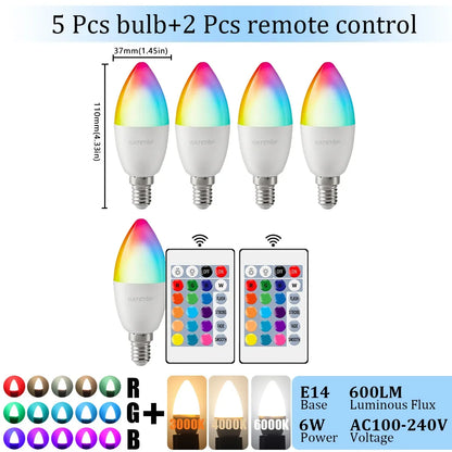 1-10PCS E14 Candle LED Bulb RGB 24 Key Remote Control Dimmable 6W AC220V 110V Colorful Change for Bedroom Living Room Lamp