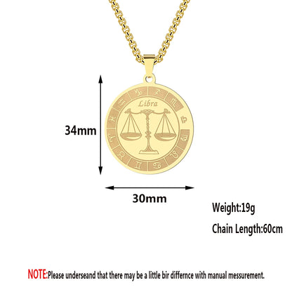 Stainless Steel Zodiac Sign Necklace For Women Men 12 Constellation Libra Symbol Pendant Necklace Amulet Collar Men Jewelry Gift