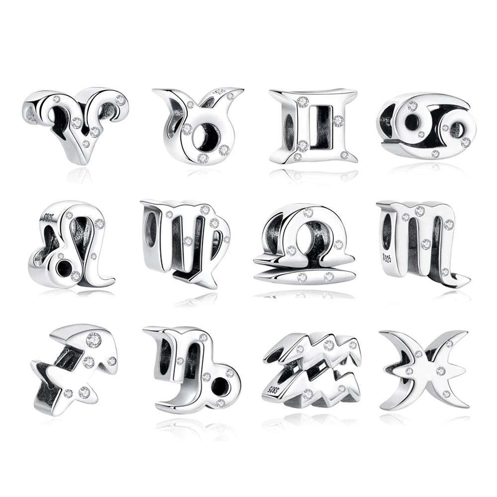 Original 925 Sterling Silver Bead Charm Libra Leo Star Sign Charms 12 Zodiac Constellation Fit Pandora Bracelets Women Jewelry