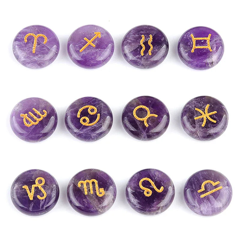 Natural Crystal Horoscope Symbols Engraved Stones (Set of 12) for Reiki Healing Meditation Balancing Gemstone Pocket Stone Gifts