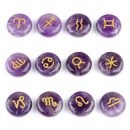 Natural Crystal Horoscope Symbols Engraved Stones (Set of 12) for Reiki Healing Meditation Balancing Gemstone Pocket Stone Gifts