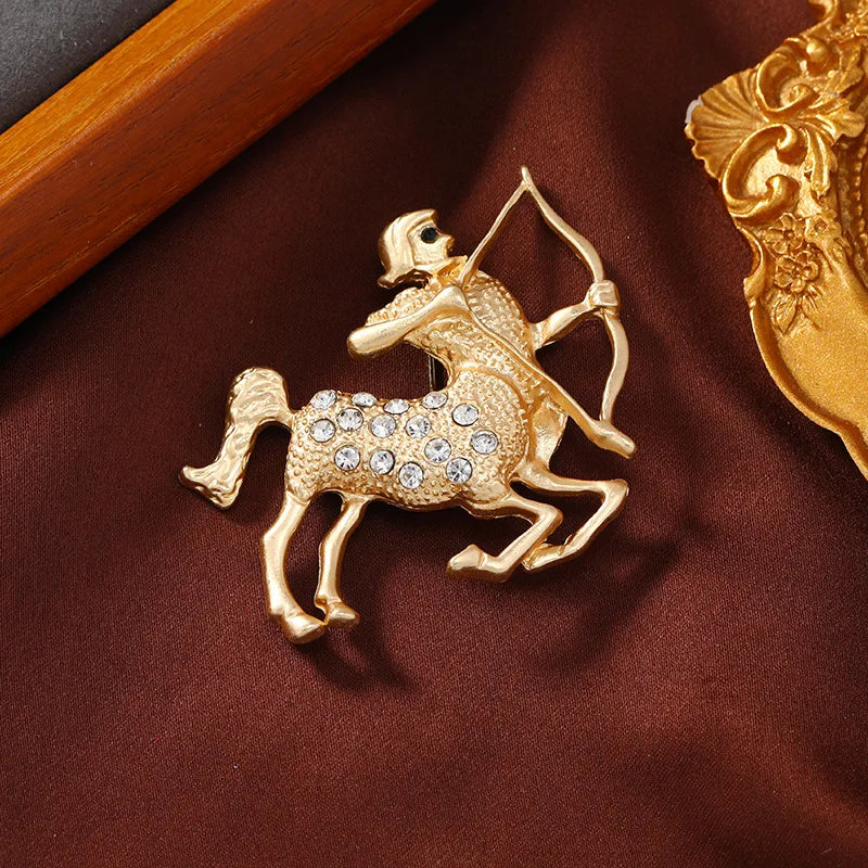 New Creative Matte Gold Color Zodiac Brooch Women Simple Rhinestone Animal Badges Men Suit Pins Accessories Party Festival Gift