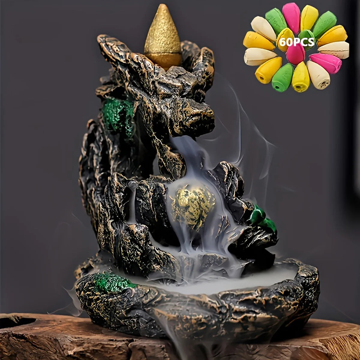 1pc Mountains River Waterfall Reflux Incense Burner Fountain Backflow Aroma Smoke Censer Holder Home Crafts +60 Incense Cones