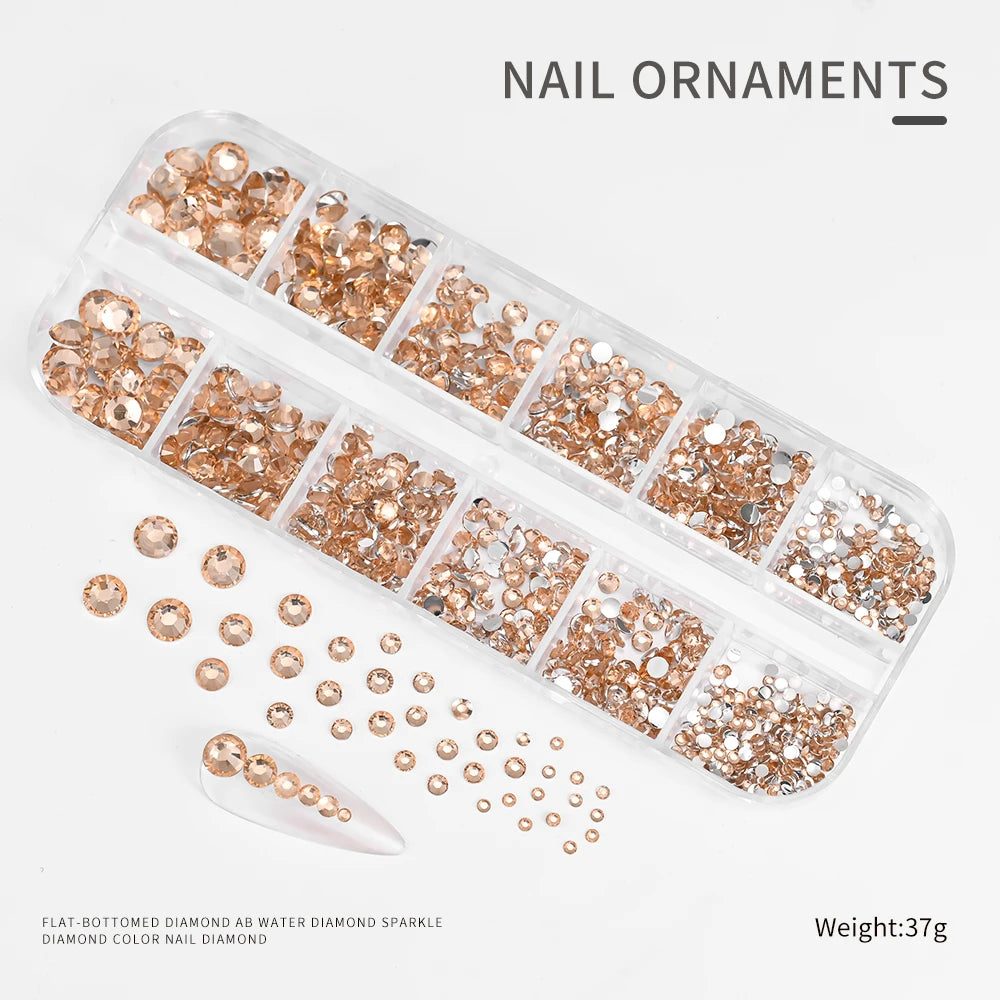 12Gird 3D Glass AB Crystal Nail Art Rhinestones Kit Flatback Round Bead Charm Gem Stones Jewelry Diamond with Tools for Nail Art
