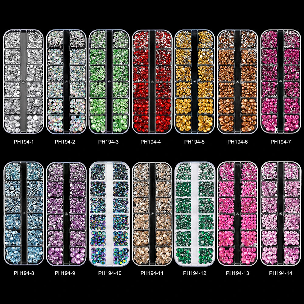 12Gird 3D Glass AB Crystal Nail Art Rhinestones Kit Flatback Round Bead Charm Gem Stones Jewelry Diamond with Tools for Nail Art