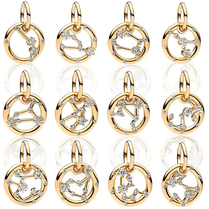 Plaqué or étincelant 12 signes du zodiaque breloque perles pendentif ajusté Original Bracelet en argent perles de collier pour bricolage bijoux femmes cadeau