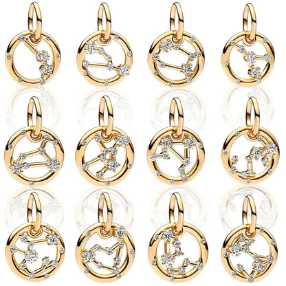 Plaqué or étincelant 12 signes du zodiaque breloque perles pendentif ajusté Original Bracelet en argent perles de collier pour bricolage bijoux femmes cadeau