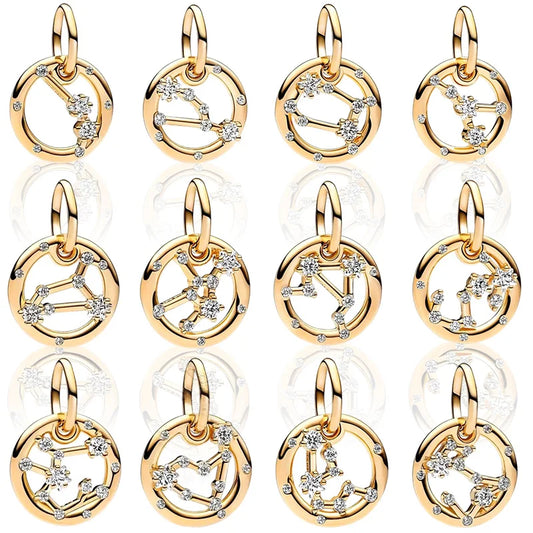 Plaqué or étincelant 12 signes du zodiaque breloque perles pendentif ajusté Original Bracelet en argent perles de collier pour bricolage bijoux femmes cadeau