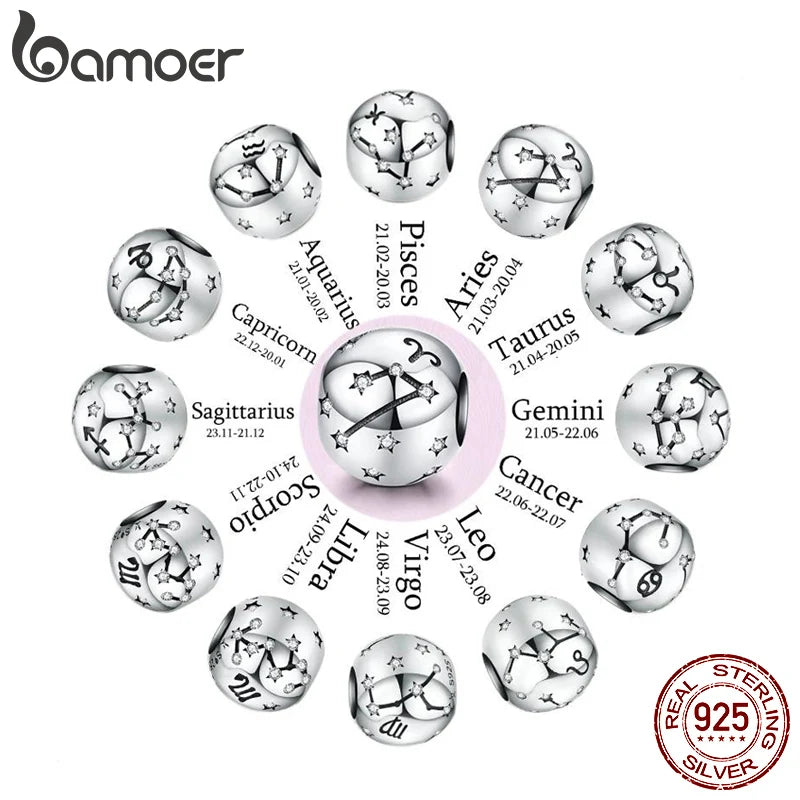 BAMOER Vintage 925 Sterling Silver Twelve Constellations Star Sign Zodiac Beads Charms fit Charm Bracelet Neckalce DIY SCC1218