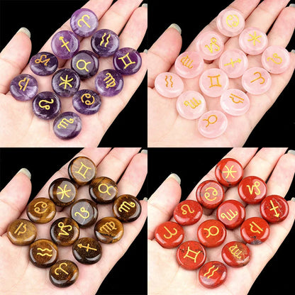 Natural Crystal Horoscope Symbols Engraved Stones (Set of 12) for Reiki Healing Meditation Balancing Gemstone Pocket Stone Gifts