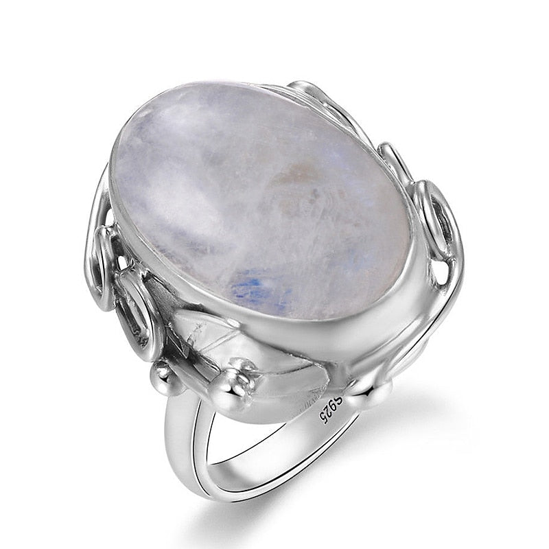 Silver Color Ring Natural Lapis Lazuli White Chalcedony Moonstone Ring Large Stone 11x17MM Oval Fashion jewelry for women