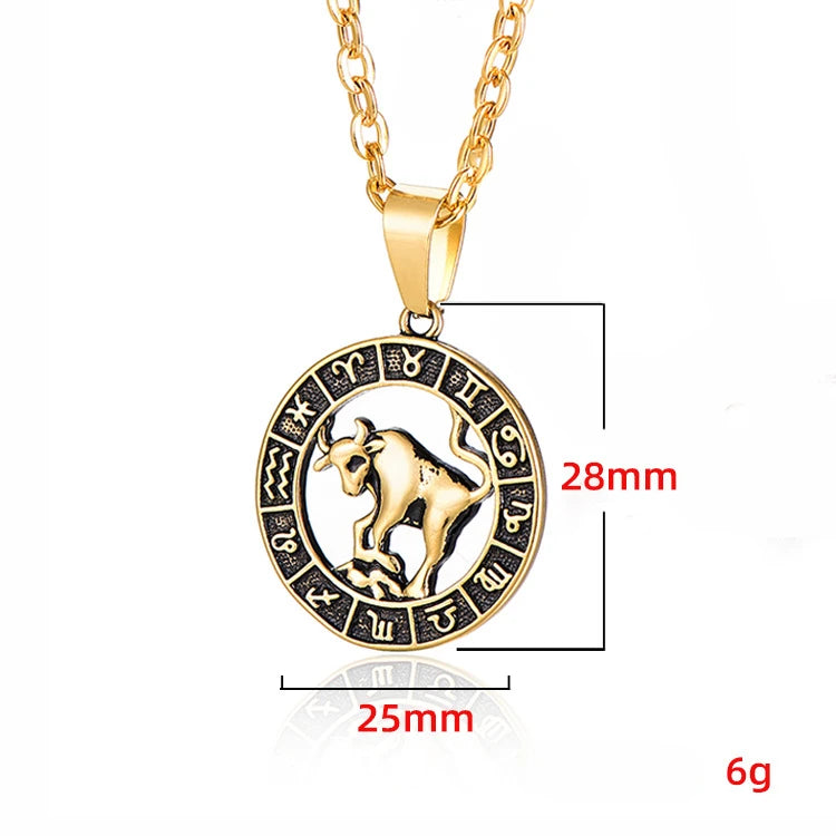 Round Design 12 Zodiac Sign Constellations Horoscope Stainless Steel Pendant Necklace Chains