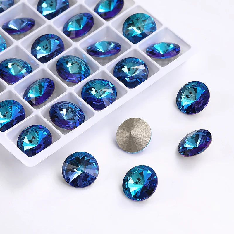 6/8/10/12/14MM Rivoli Rhinestone Round Pointed Diamond Stones Colorful Beads Crafts Crystal Nail Clothes Jewelry Accessories