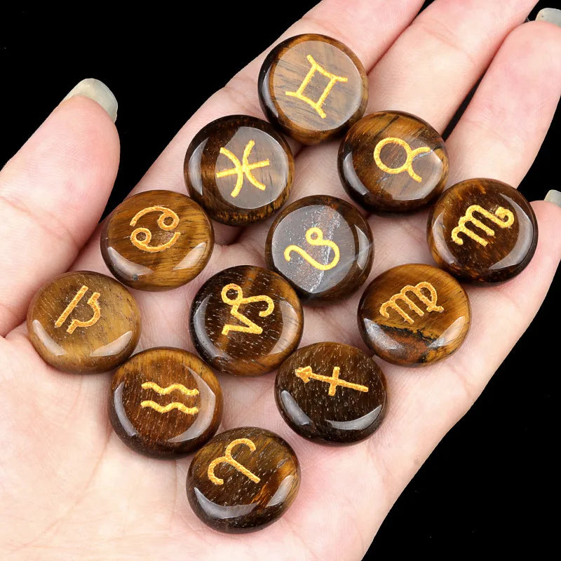 Natural Crystal Horoscope Symbols Engraved Stones (Set of 12) for Reiki Healing Meditation Balancing Gemstone Pocket Stone Gifts