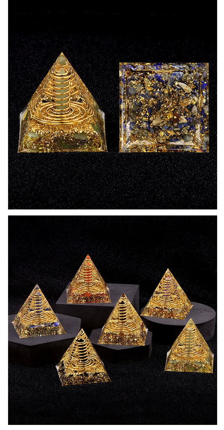 Natural Crystal Energy Generator Pyramid Peridot Gold Sandstone Reiki Healing Resin Pyramid Egyptian Room Decoration 6x6cm