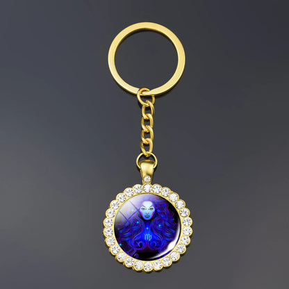 12 Constellation Keychain Fashion Double Side Cabochon Glass Ball Keychain Zodiac Signs Jewelry For Men For Women Birthday Gift