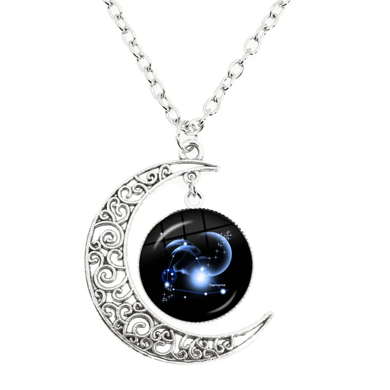 Aries/Taurus/Gemini/cancer/LEO/Virgo/Libra/Scorpio Zodiac Signs Crescent Moon Necklace 12 Constellations Jewelry for Birthday