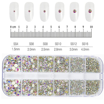 12Gird 3D Glass AB Crystal Nail Art Rhinestones Kit Flatback Round Bead Charm Gem Stones Jewelry Diamond with Tools for Nail Art