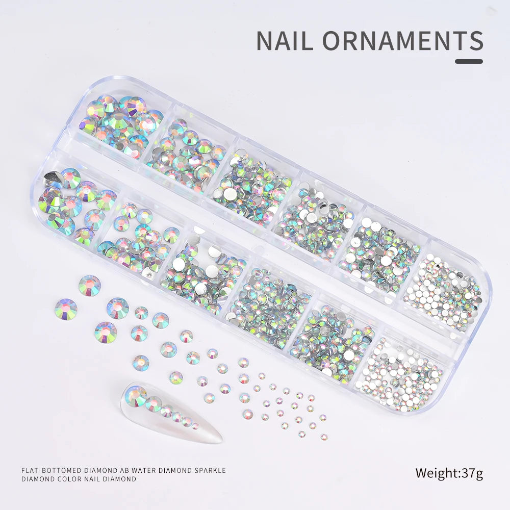 12Gird 3D Glass AB Crystal Nail Art Rhinestones Kit Flatback Round Bead Charm Gem Stones Jewelry Diamond with Tools for Nail Art