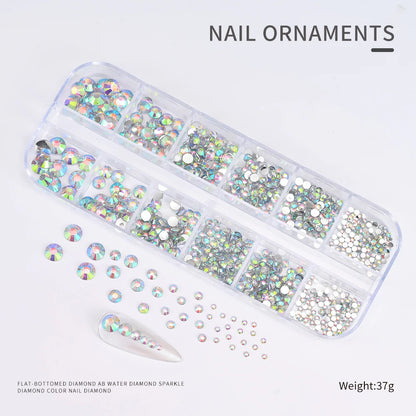 12Gird 3D Glass AB Crystal Nail Art Rhinestones Kit Flatback Round Bead Charm Gem Stones Jewelry Diamond with Tools for Nail Art