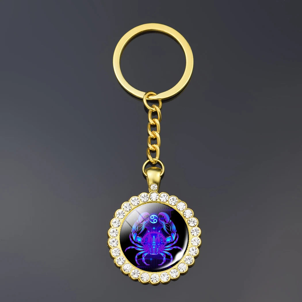 12 Constellation Keychain Fashion Double Side Cabochon Glass Ball Keychain Zodiac Signs Jewelry For Men For Women Birthday Gift