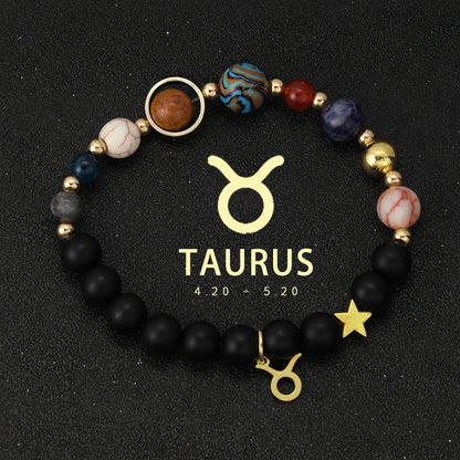 Bracelet 12 Zodiac Signs Virgo Taurus Cosmic Galaxies Eight Planets Constellation Bracelet Natural Stone Solar System Bracelet