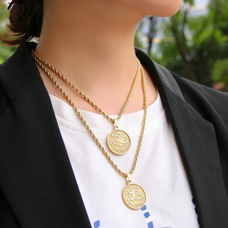 Stainless Steel 12 Constellation Necklace For Women Zodiac Sign Necklace Gold Plated Round Coin Clavicle Chain Vintage Jewelry