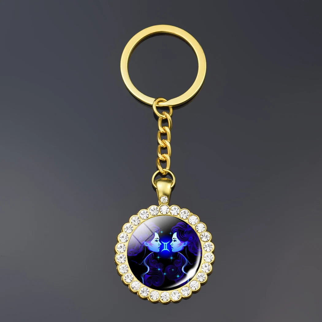 12 Constellation Keychain Fashion Double Side Cabochon Glass Ball Keychain Zodiac Signs Jewelry For Men For Women Birthday Gift