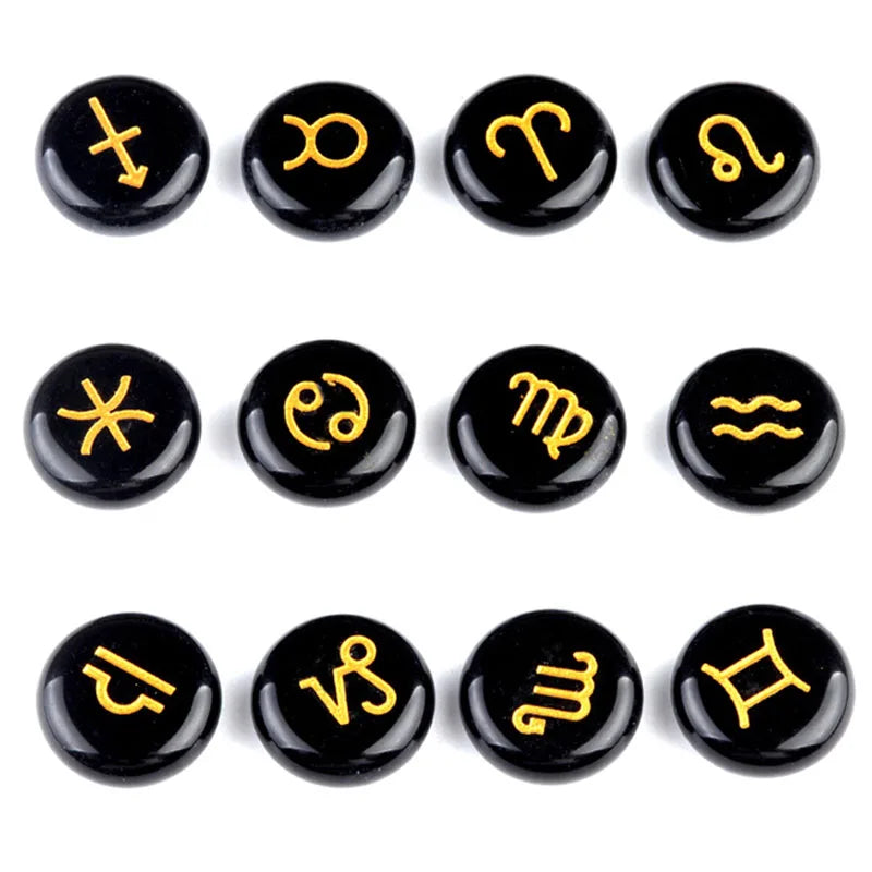 Natural Crystal Horoscope Symbols Engraved Stones (Set of 12) for Reiki Healing Meditation Balancing Gemstone Pocket Stone Gifts