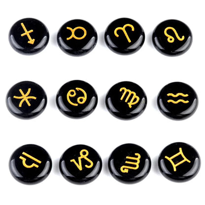 Natural Crystal Horoscope Symbols Engraved Stones (Set of 12) for Reiki Healing Meditation Balancing Gemstone Pocket Stone Gifts