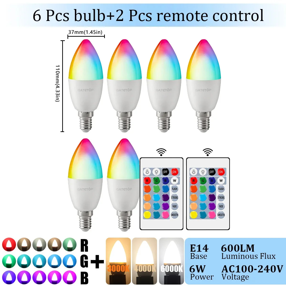 1-10PCS E14 Candle LED Bulb RGB 24 Key Remote Control Dimmable 6W AC220V 110V Colorful Change for Bedroom Living Room Lamp