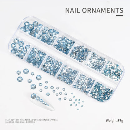 12Gird 3D Glass AB Crystal Nail Art Rhinestones Kit Flatback Round Bead Charm Gem Stones Jewelry Diamond with Tools for Nail Art