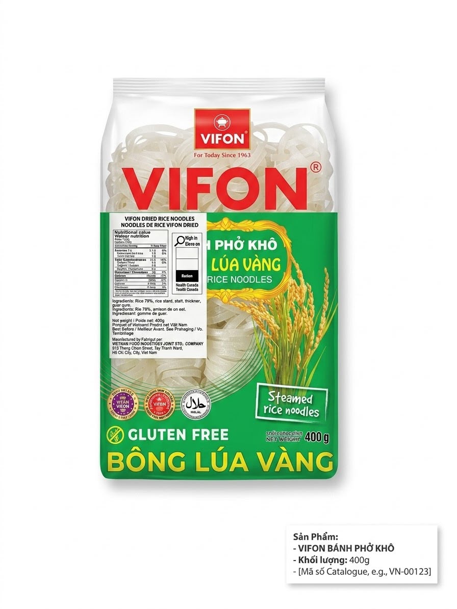 VIFON Golden Rice Dried Rice Noodles (Bánh phở khô Bông Lúa Vàng) - 400g × 12 Packs