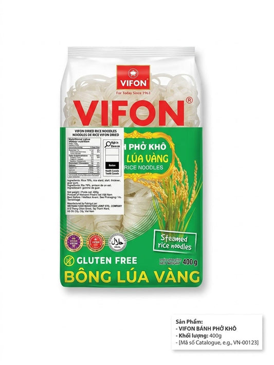 VIFON Golden Rice Dried Rice Noodles (Bánh phở khô Bông Lúa Vàng) - 400g × 12 Packs