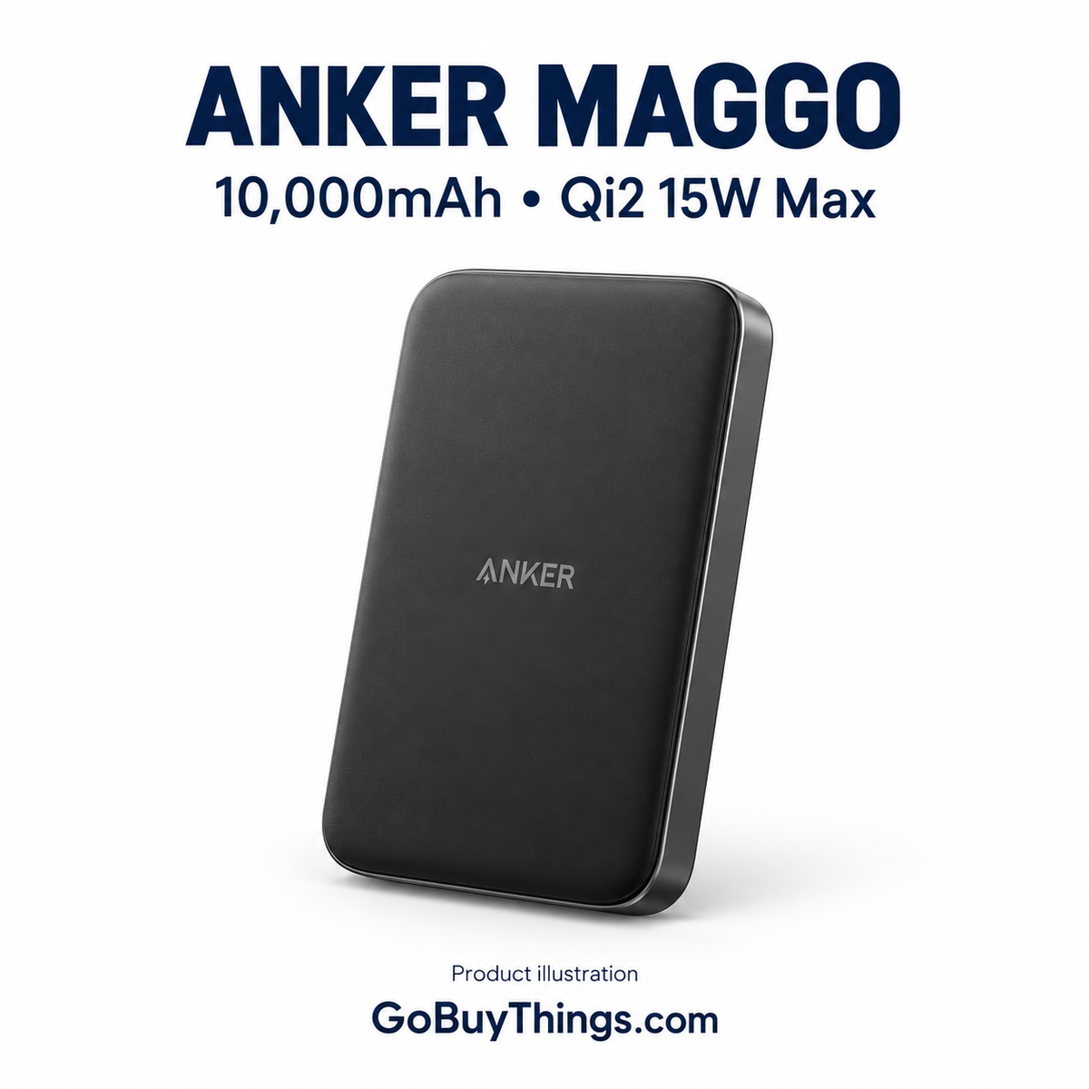 AI-generated illustration of a black Anker MagGo 10K Slim power bank; not a product photograph